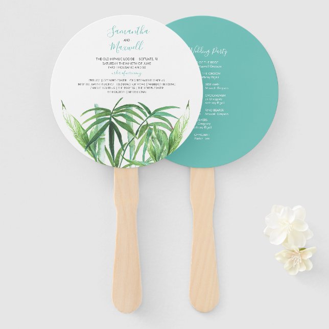 Éventail Ventilateur du programme de mariage Feuille tropic (Devant et derrière)