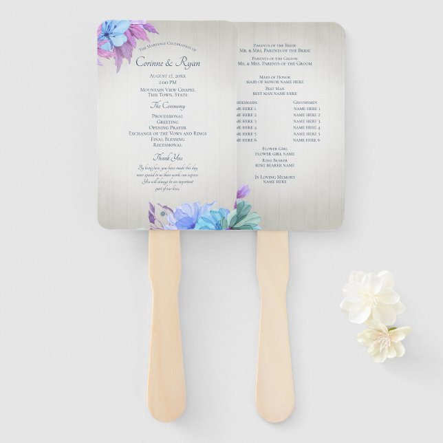 Éventail Ventilateur du programme de mariage floral bleu et (Devant et derrière)
