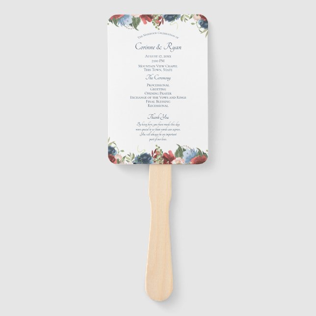 Éventail Ventilateur du programme de mariage floral bordeau (Devant)