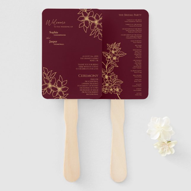 Éventail Ventilateur du programme de mariage floral or Bour (Devant et derrière)