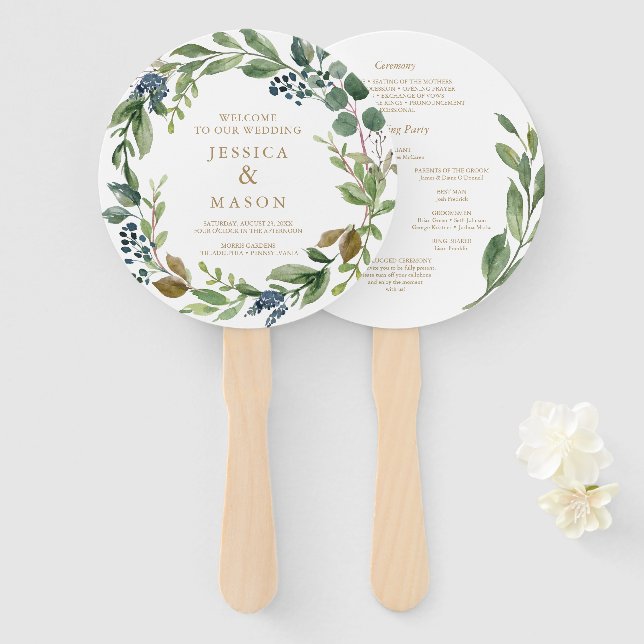 Éventail Ventilateur du programme de mariage Gold Round de  (Devant et derrière)