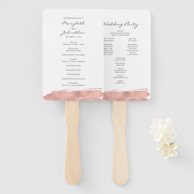 Éventail Ventilateur du programme de mariage moderne Rose G (Devant et derrière)