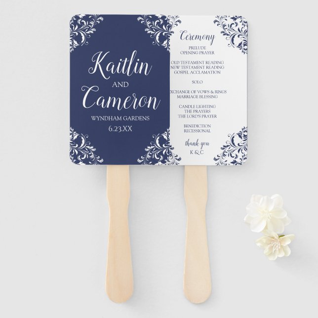 Éventail Ventilateur du programme de mariage | Nadine (bleu (Devant et derrière)