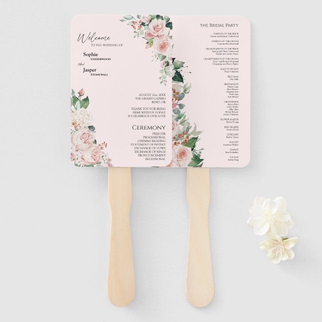 Éventail Ventilateur du programme de mariage rose flou (Devant et derrière)