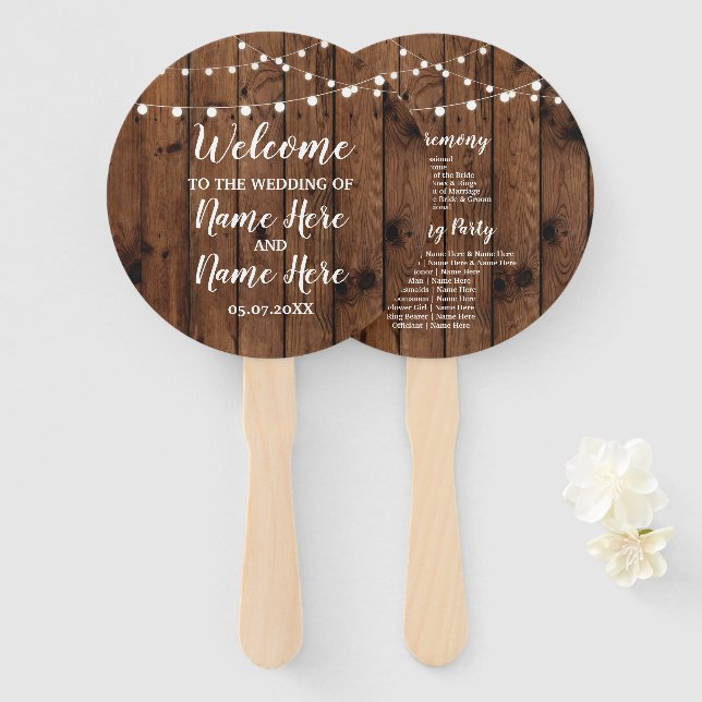 Éventail Ventilateur du programme de mariage Rustic Wood Li (Devant et derrière)