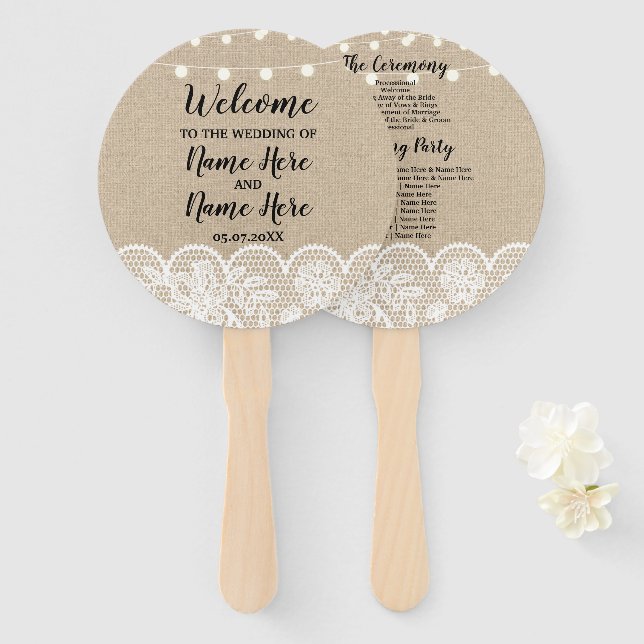 Éventail Ventilateur du programme de mariage Rustique Burla (Devant et derrière)