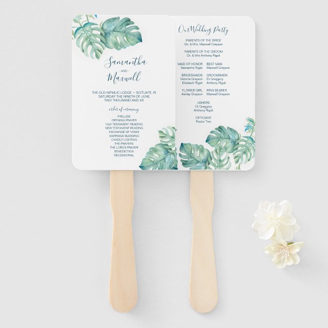 Éventail Ventilateur du programme de mariage vert tropical (Devant et derrière)