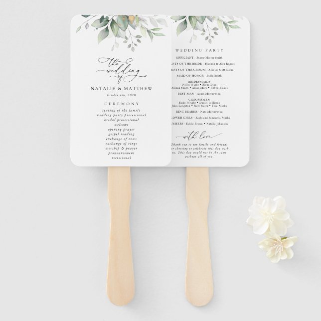 Éventail Verdure, Eucalyptus Feuilles, programme de mariage (Devant et derrière)