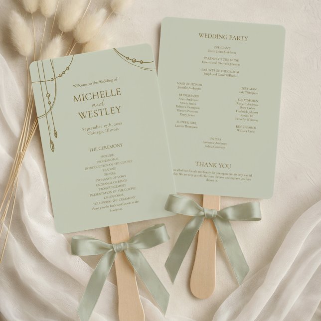 Éventail Vert sauge clair mariage bohème drapé perlé (Créateur téléchargé)