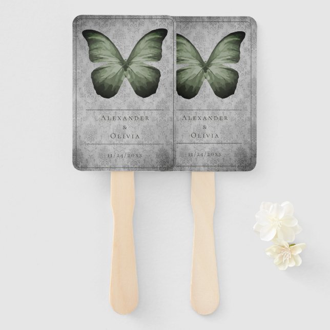 Éventail Vert Vintage Papillon Mariage damassé Faveur (Devant et derrière)