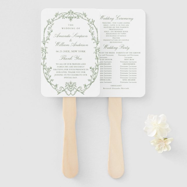 Éventail Victorian Sage Green Mariage Cerememing Programme (Devant et derrière)