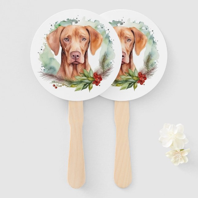 Éventail Vizsla Christmas Wreath Festive Pup (Devant et derrière)