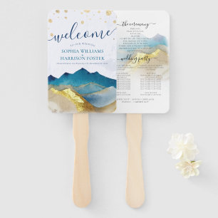 Éventail Watercolor Blue Gold Foil Mountain Wedding Program