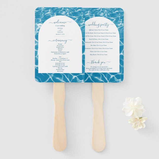 Éventail Watercolor Blue Ocean Beach Wedding Programme (Devant et derrière)