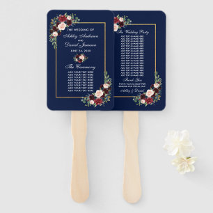 Éventail Watercolor Burgundy Blue Floral Wedding Programme