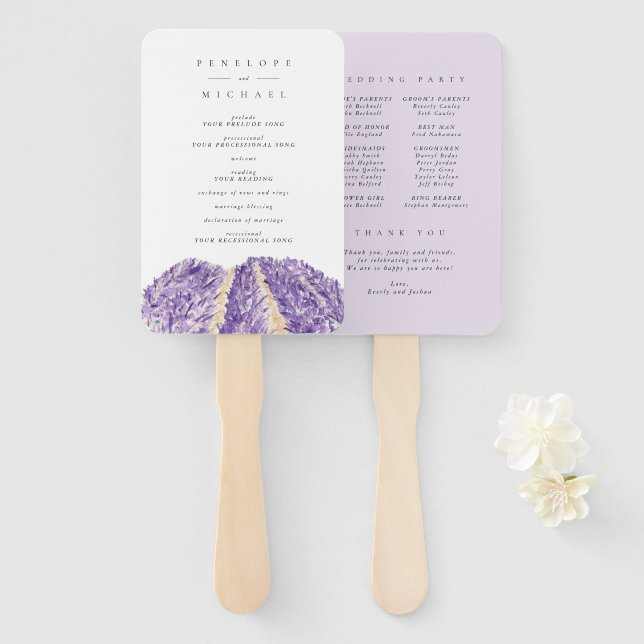 Éventail Watercolor Lavender Fields Programme de mariage (Devant et derrière)