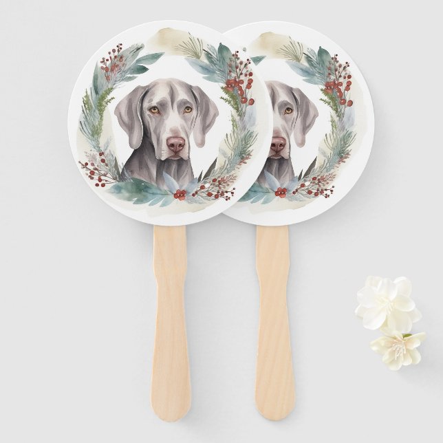 Éventail Weimaraner Christmas Wreath Festive Pup (Devant et derrière)