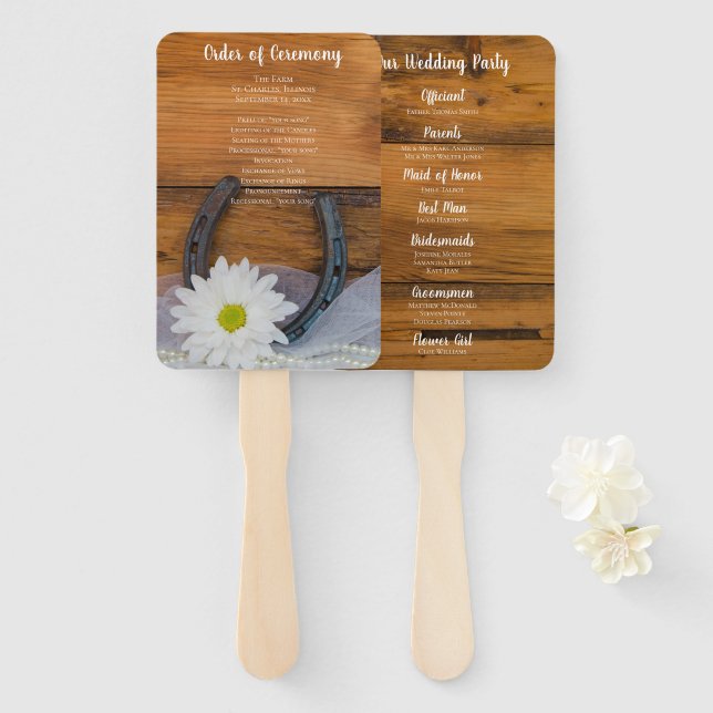 Éventail White Daisy and Horseshoe Country Western Mariage (Devant et derrière)