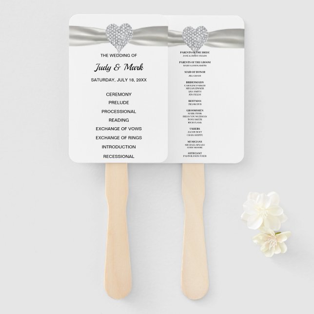 Éventail White Diamond Heart Wedding Programme (Devant et derrière)