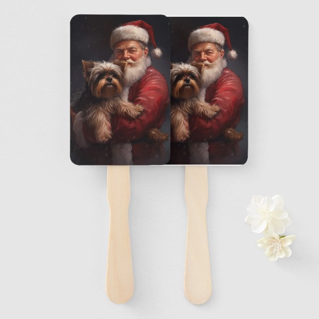 Éventail Yorkshire Terrier Santa Claus Festive Noël (Devant et derrière)