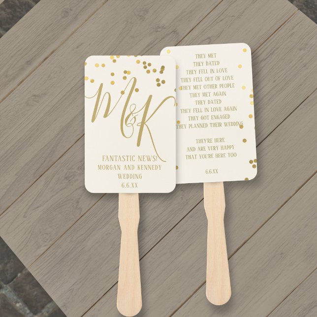 Éventails à main pour programme de mariage couleur (Gold Confetti on Ecru Wedding Program Hand Fans with space for your details)