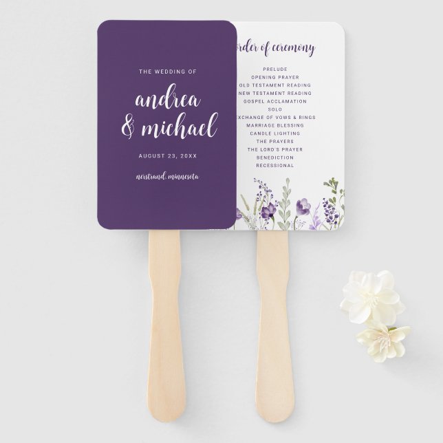 Éventails de programme de mariage à prune violette (Devant et derrière)