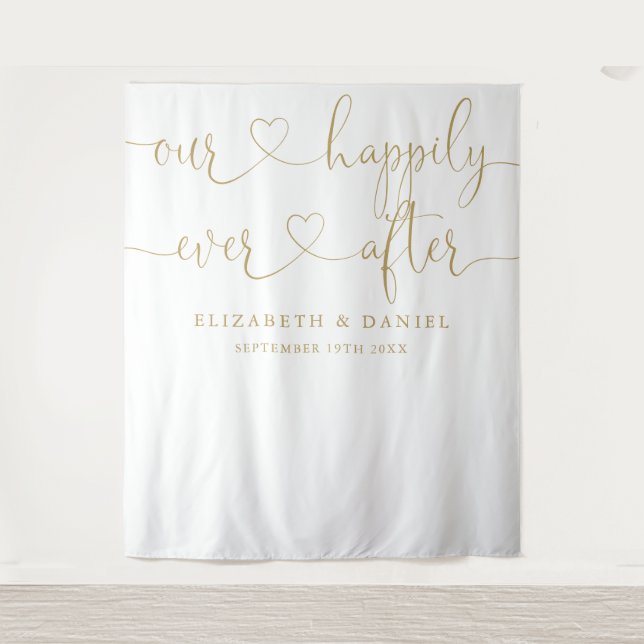 Ever After Gold Heart Wedding Photo Backdrop Tapestry (Front)