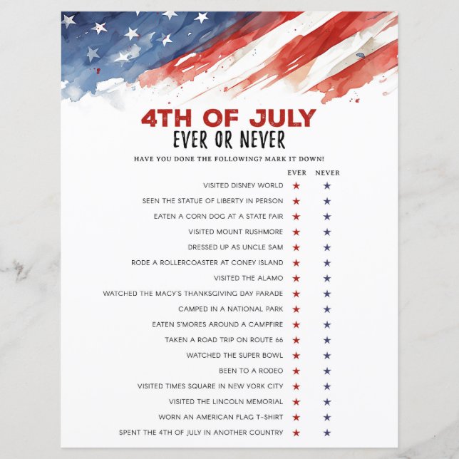 Ever or Never 4th of July Party Game (Front)