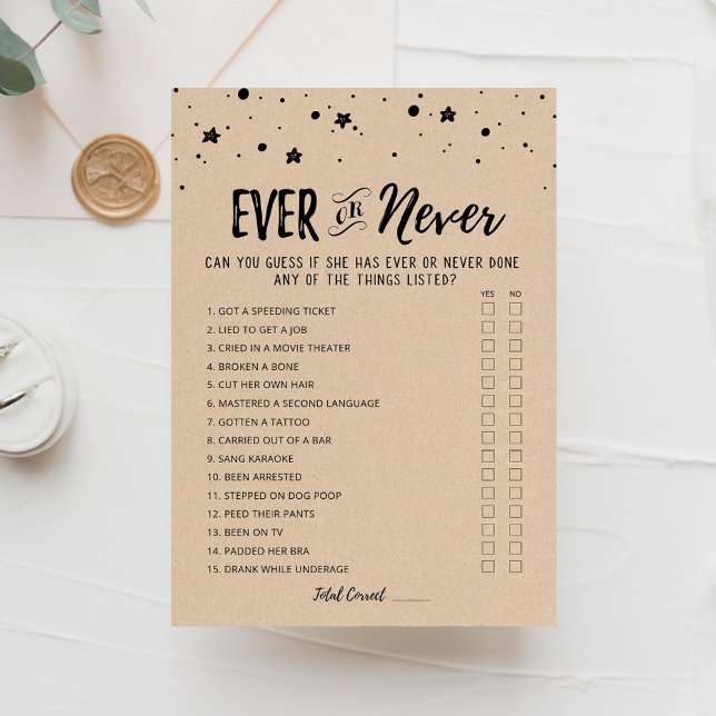 Ever or Never Editable Bridal Shower game Card (Creator Uploaded)