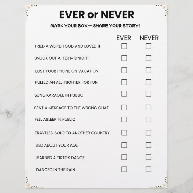 Ever or Never Game – Printable Icebreaker Letterhead (Front)