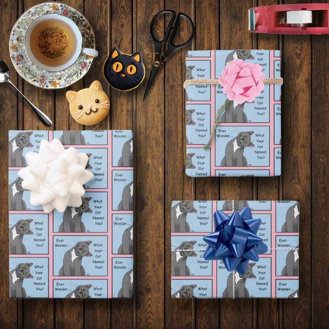 Ever Wonder Curious Cat Blue Wrapping Paper Sheet (Creator Uploaded)