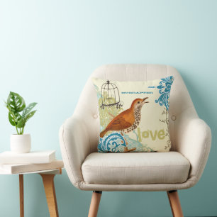 Everafter Bride Teal Coral Lime Cute Bird Birdcage Throw Pillow