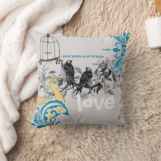 Everafter Bride Teal Yellow Grey Peacock Birdcage Throw Pillow (Blanket)