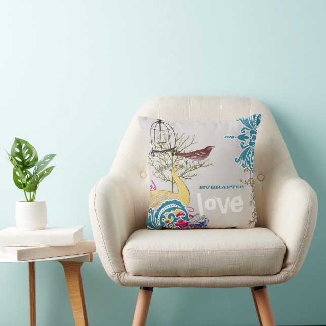 Everafter Bride Teal Yellow Grey Peacock Birdcage Throw Pillow (Chair)