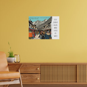 Everest Himalayan Village Market Travel Art Poster