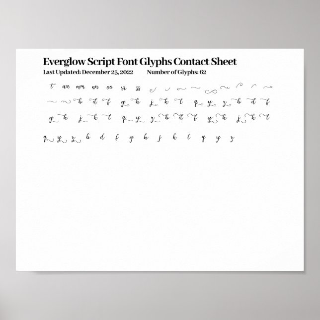 Everglow Script Font Glyphs Contact Sheet Poster (Front)