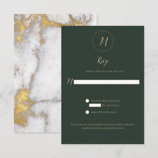 Evergreen and Gold Marble Monogram Vertical RSVP Card (Front/Back)
