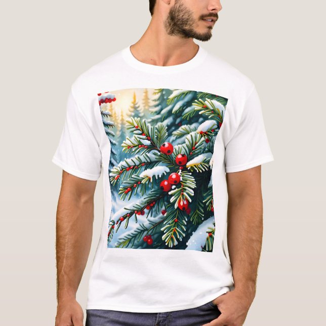 Evergreen and Holly Berries T-Shirt (Front)