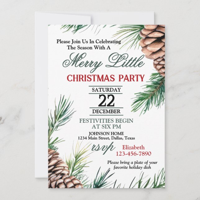 Evergreen and Pinecone Christmas Party Invitation (Front)