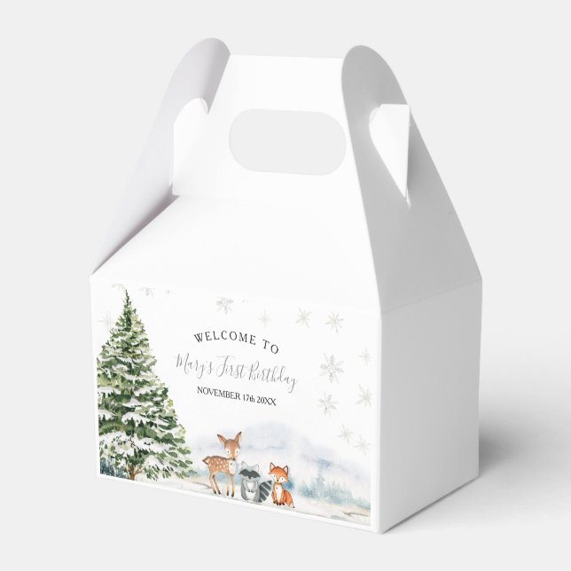 Evergreen Animal Winter Onederland Birthday Favor Box (Front Side)
