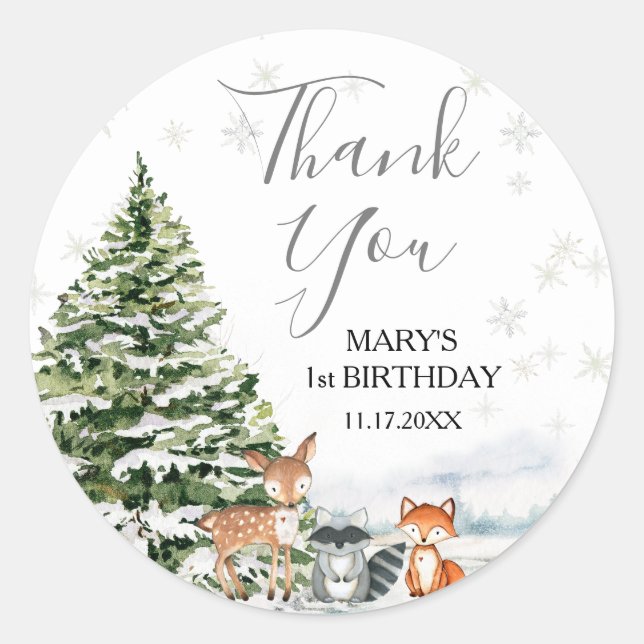 Evergreen Animal Winter Onederland Thank You Classic Round Sticker (Front)