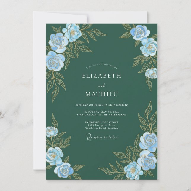 Evergreen Azure Petal Wedding Invitation (Front)