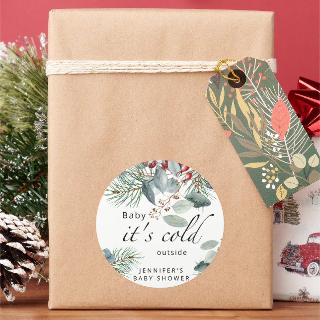 Evergreen Baby its cold outside baby shower Classic Round Sticker (Holiday)