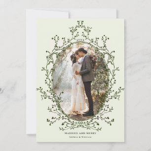 Evergreen Botanical Frame Married & Merry Photo Holiday Card