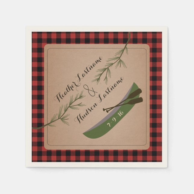 Evergreen Branches + Canoe Plaid Wedding Napkins (Front)