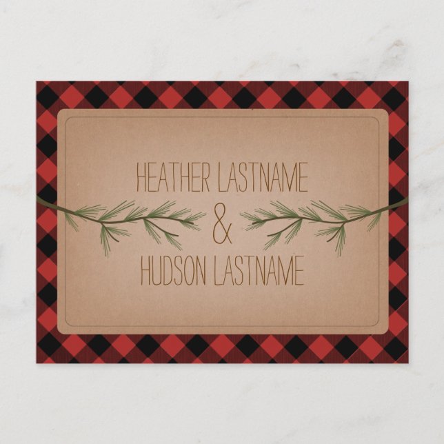 Evergreen Branches Plaid Rustic Save The Date Announcement Postcard (Front)