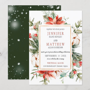 Evergreen Branches Red Poinsettia Gold Wedding   Invitation