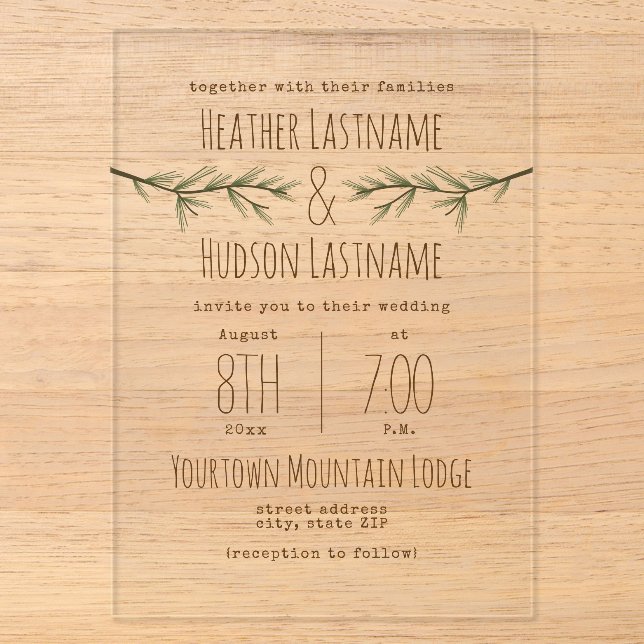 Evergreen Branches Rustic Woodland Wedding Acrylic Invitations (Front)
