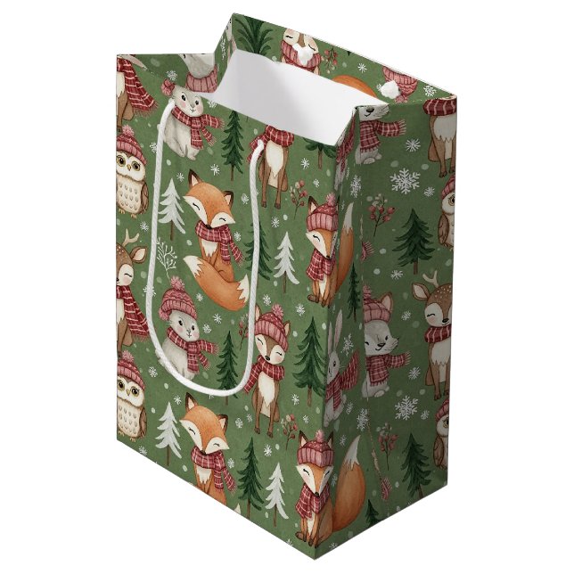 Evergreen Christmas Fox Deer Bunny Owl Pattern Medium Gift Bag (Front Angled)