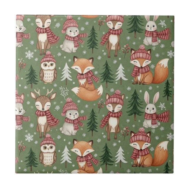 Evergreen Christmas Fox Deer Bunny Owl Pattern Tile (Front)